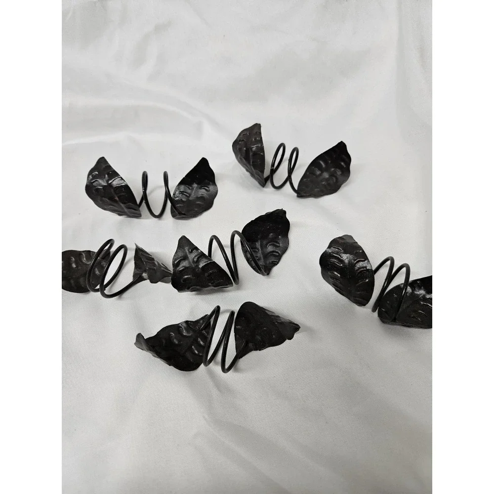 Vintage Black Wrought Iron Leaf Napkin Rings Set of 6 Spiral Coil Metal Rustic